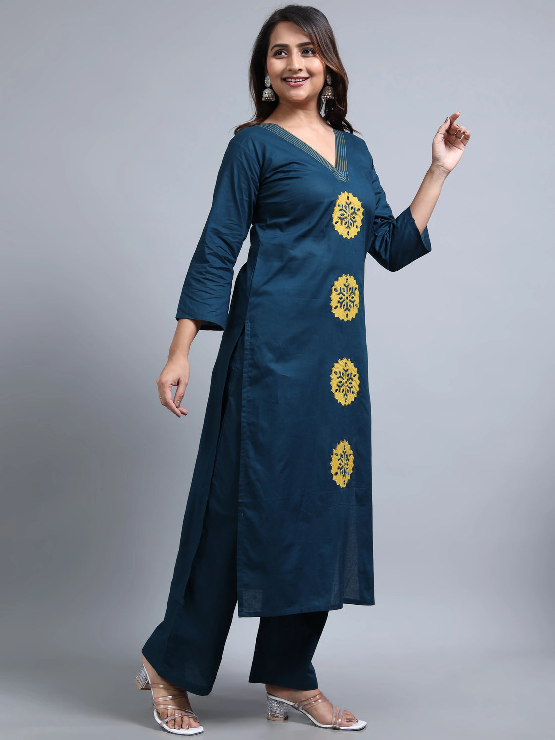 2-Piece Blue Slub Cotton Kurti Pant Set with Mirror Work