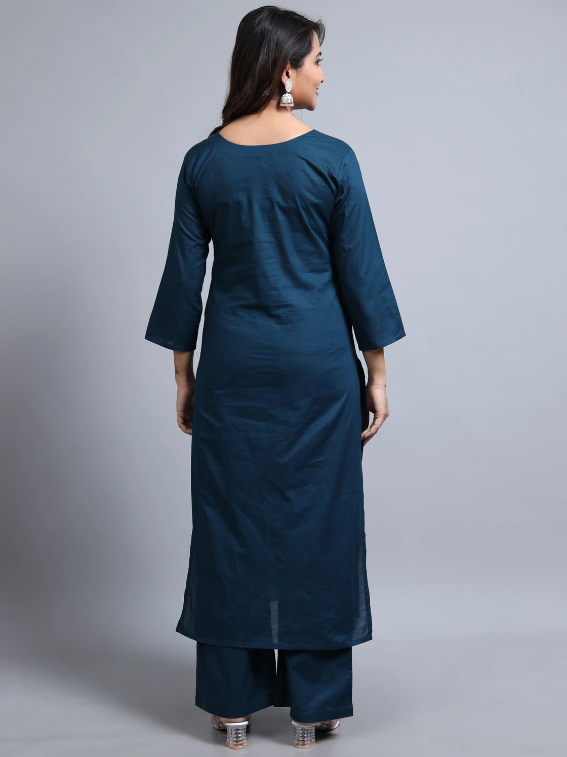 2-Piece Blue Slub Cotton Kurti Pant Set with Mirror Work