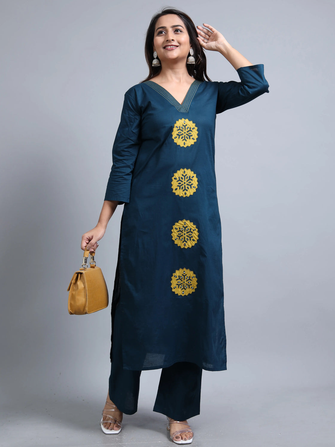 2-Piece Blue Slub Cotton Kurti Pant Set with Mirror Work