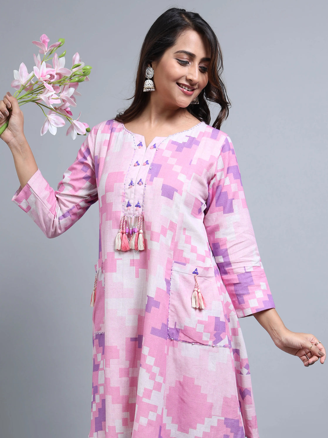 Purple Linen Cotton Co-Ord Set with Round Neck and Beadwork