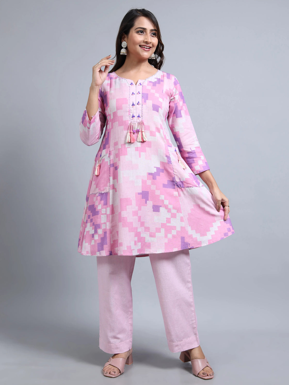 Purple Linen Cotton Co-Ord Set with Round Neck and Beadwork