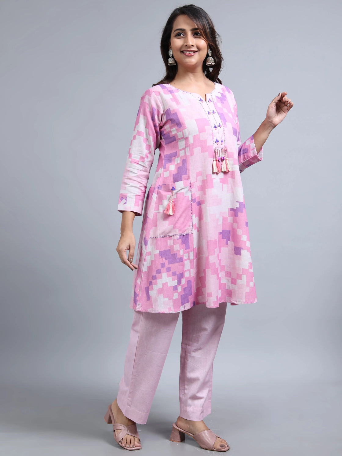 Purple Linen Cotton Co-Ord Set with Round Neck and Beadwork