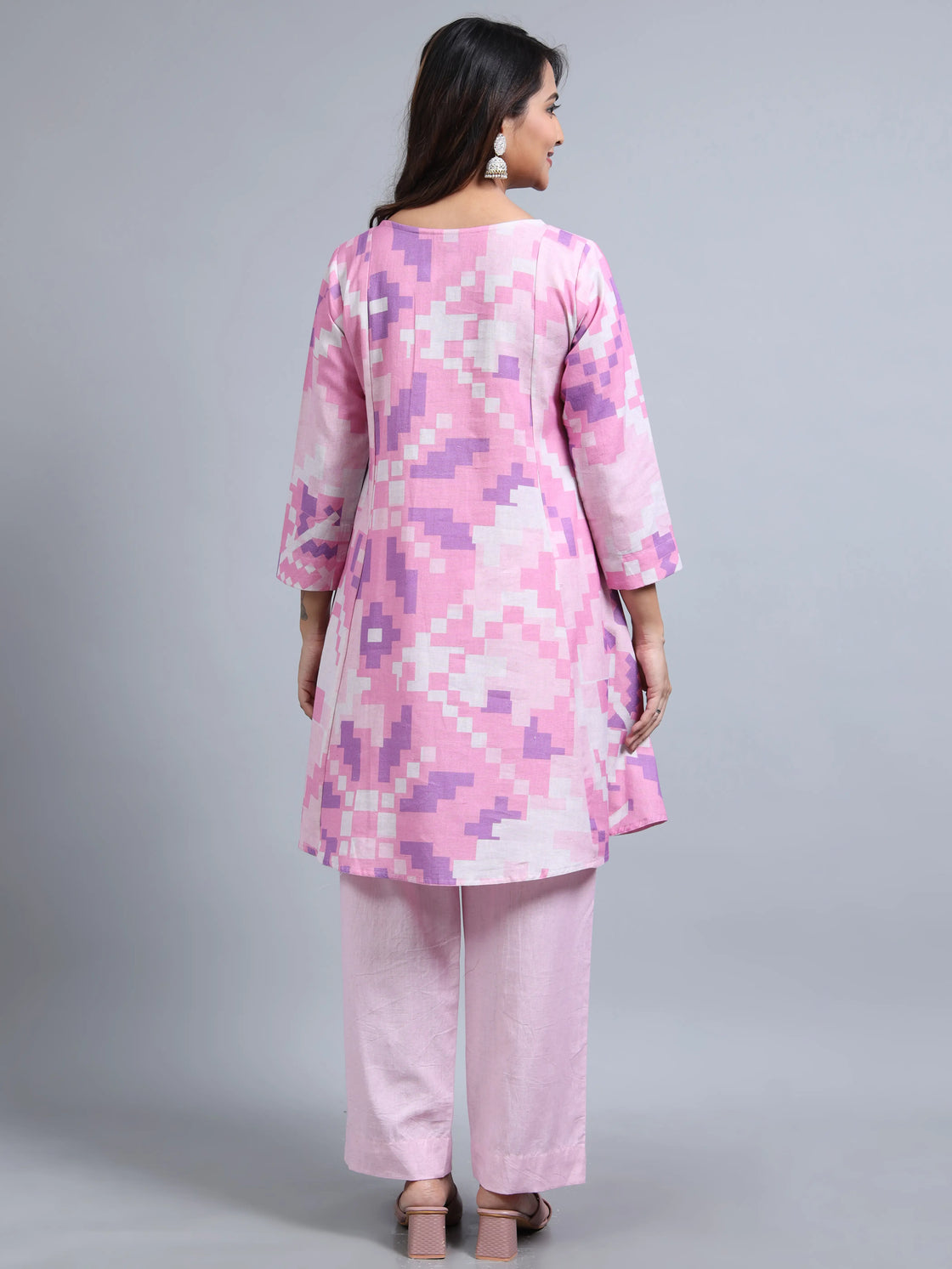 Purple Linen Cotton Co-Ord Set with Round Neck and Beadwork