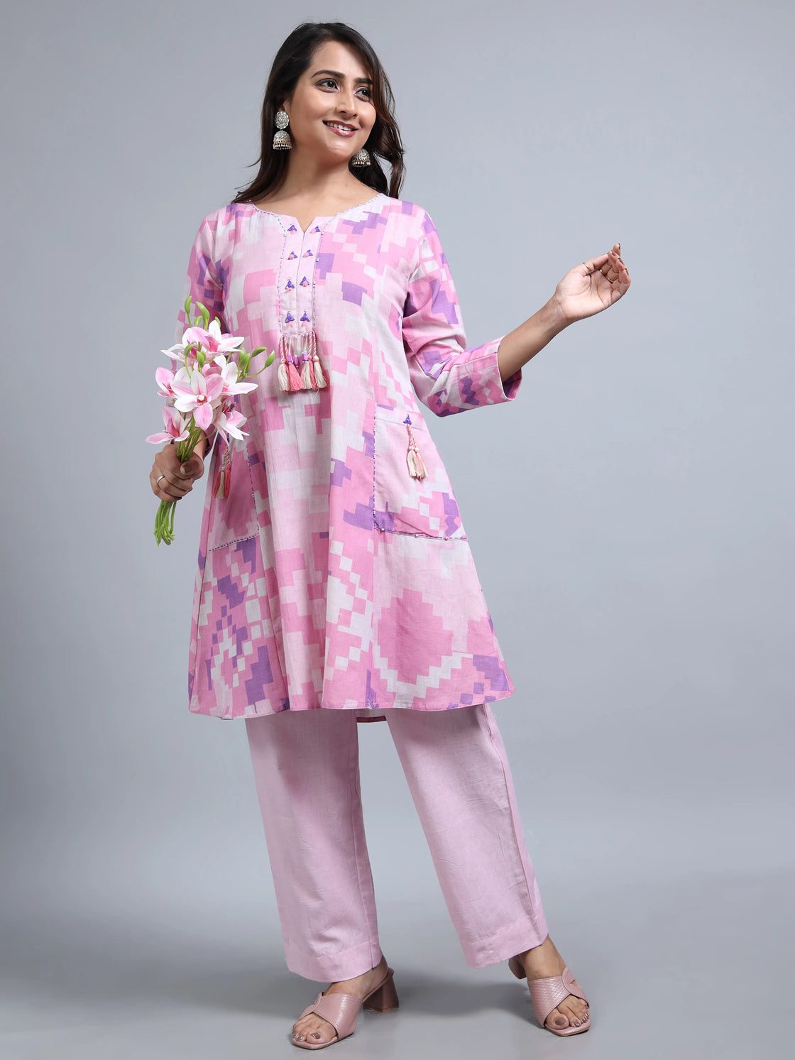 Purple Linen Cotton Co-Ord Set with Round Neck and Beadwork