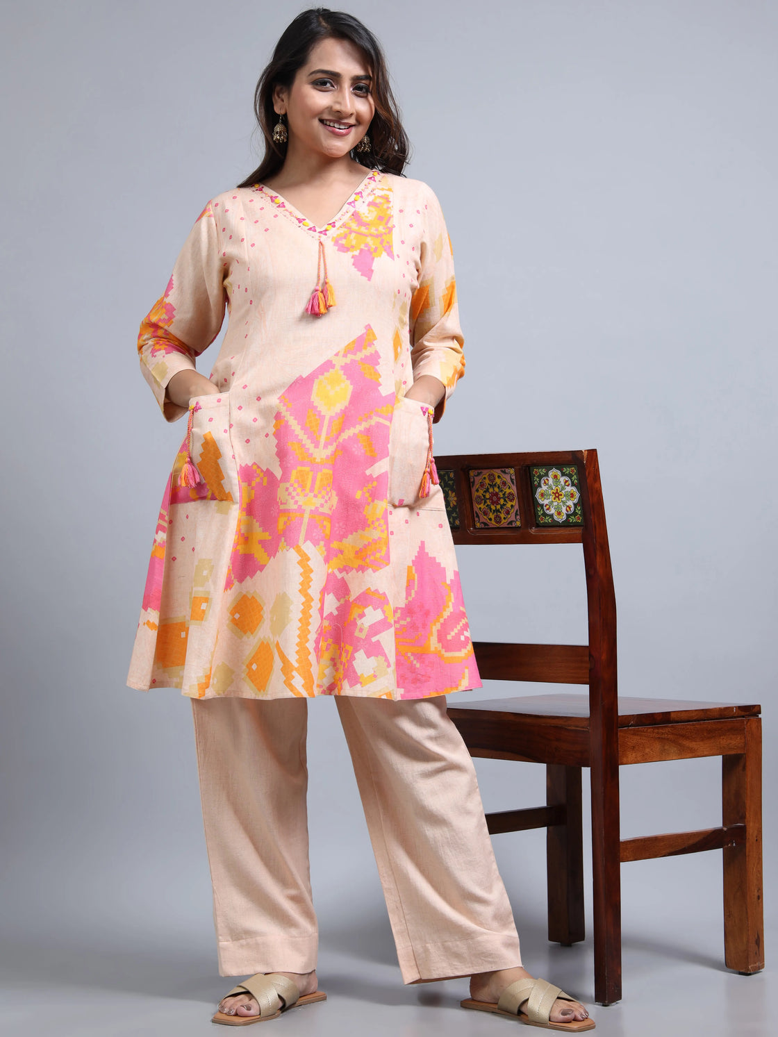 Peach Linen Cotton Co-Ord Set with V-Neck and Beadwork