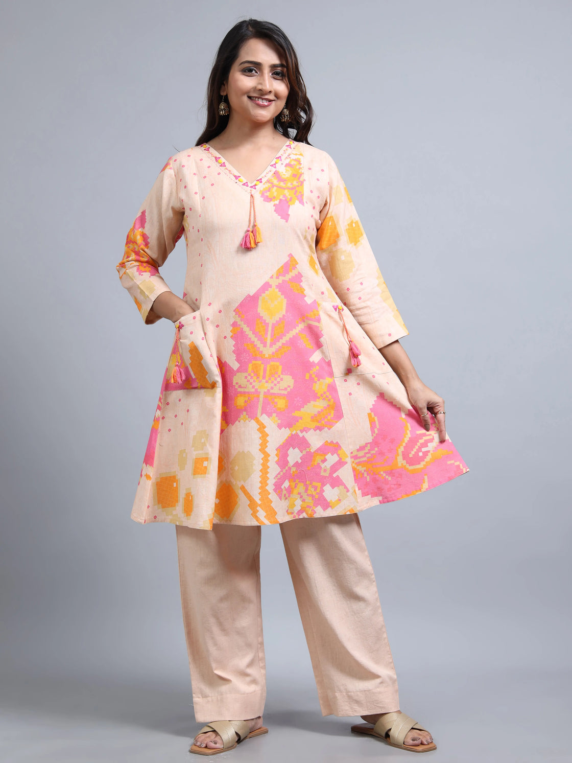 Peach Linen Cotton Co-Ord Set with V-Neck and Beadwork