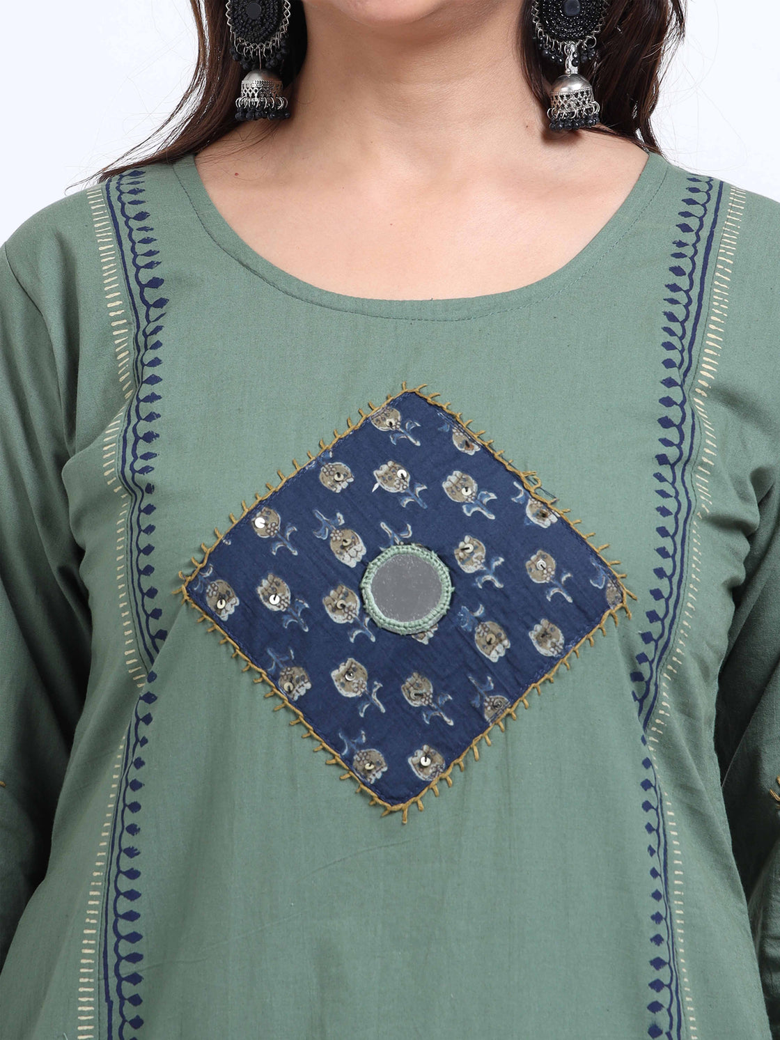 Slub Cotton Kurti Pant Set with Mirror & Block Print Detailing