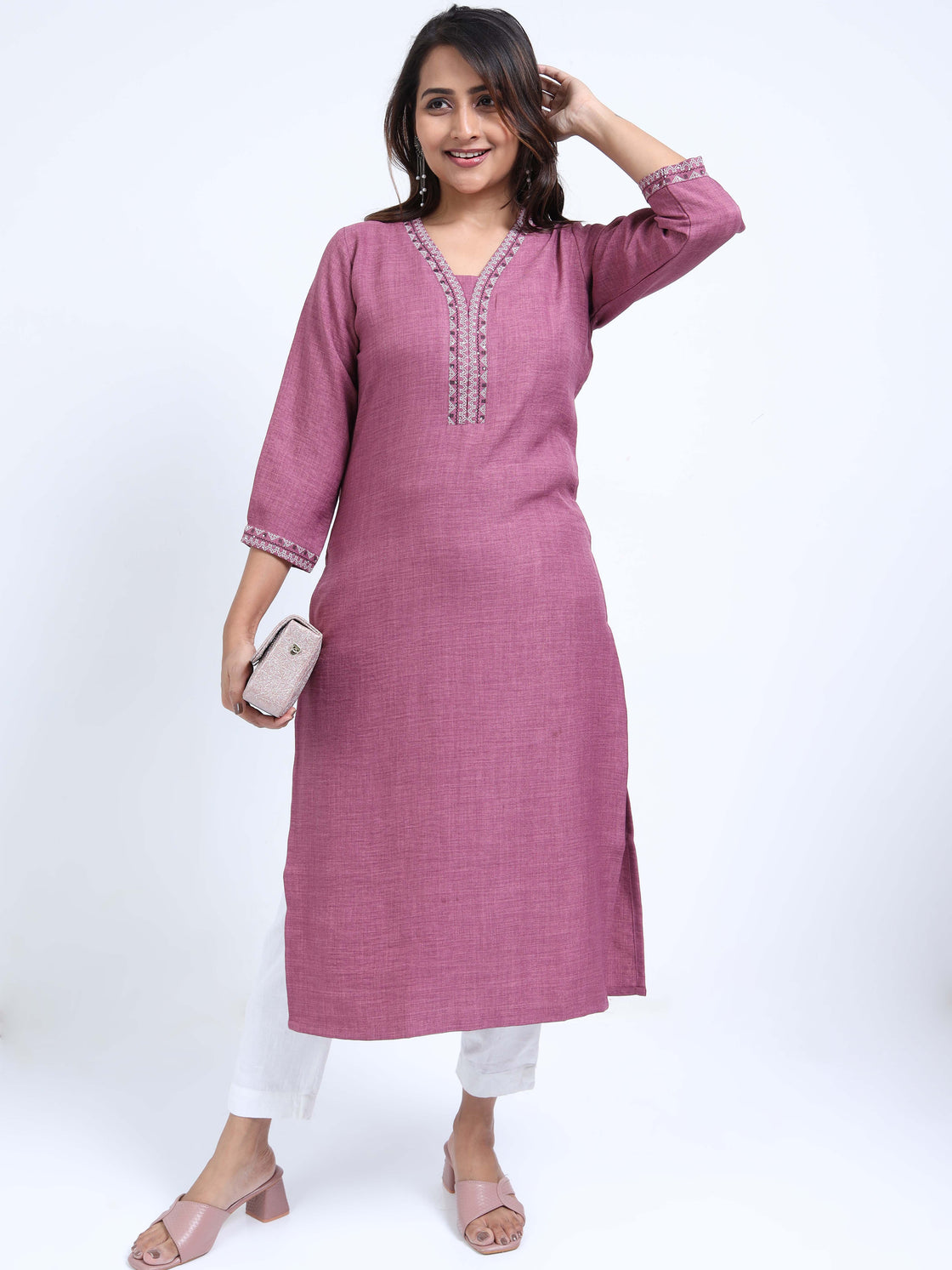 Onion Pink Soft Mul Kurti with Printed Yoke & V Neck
