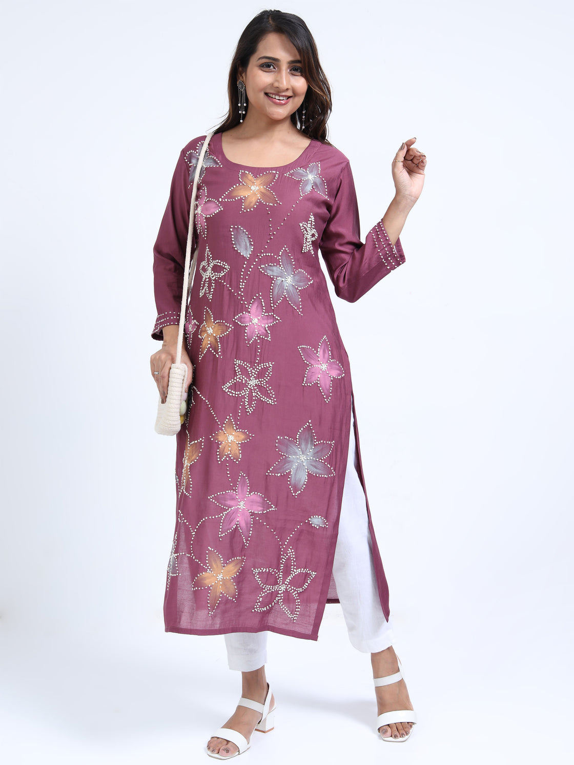 Round Neck Roman Silk Kurti with Handwork & Brush Paint