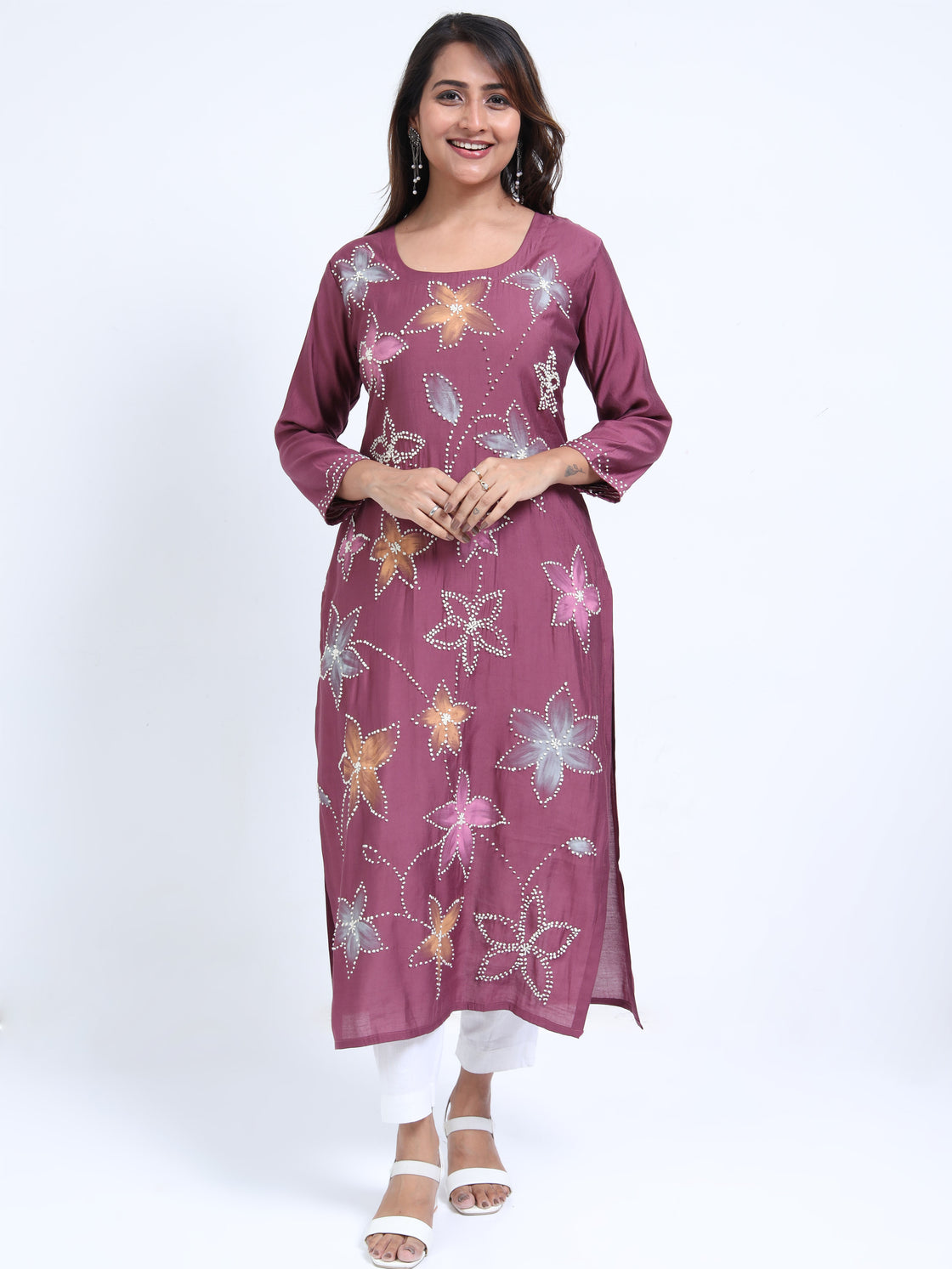 Round Neck Roman Silk Kurti with Handwork & Brush Paint