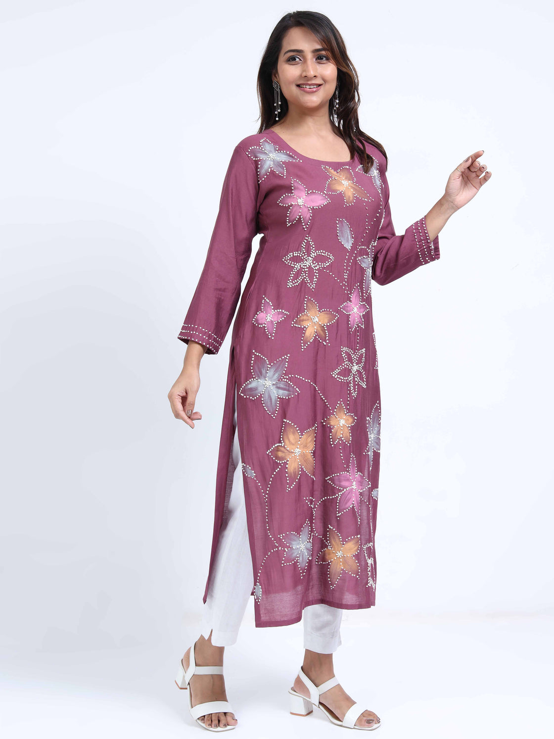 Round Neck Roman Silk Kurti with Handwork & Brush Paint