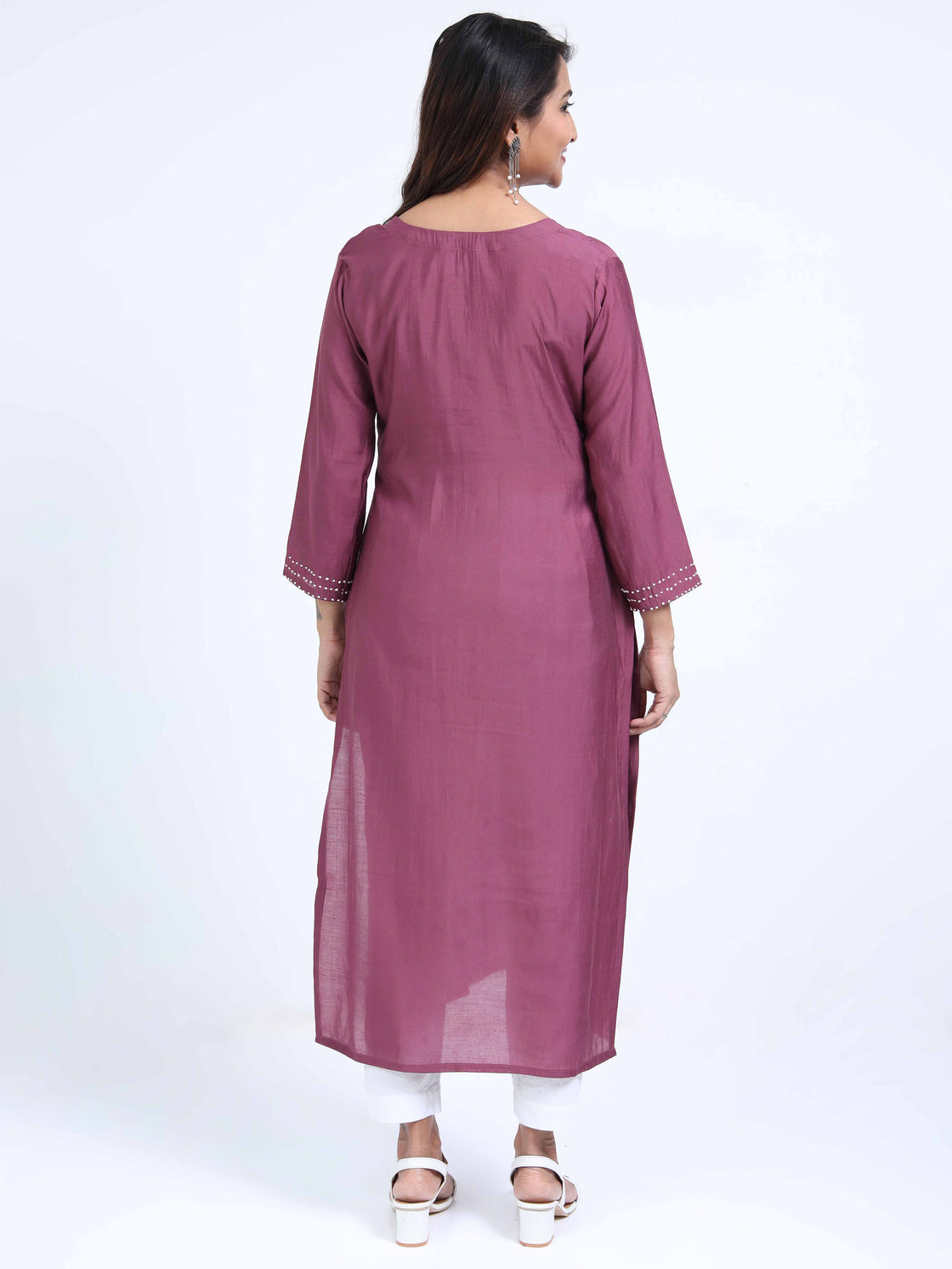 Round Neck Roman Silk Kurti with Handwork & Brush Paint
