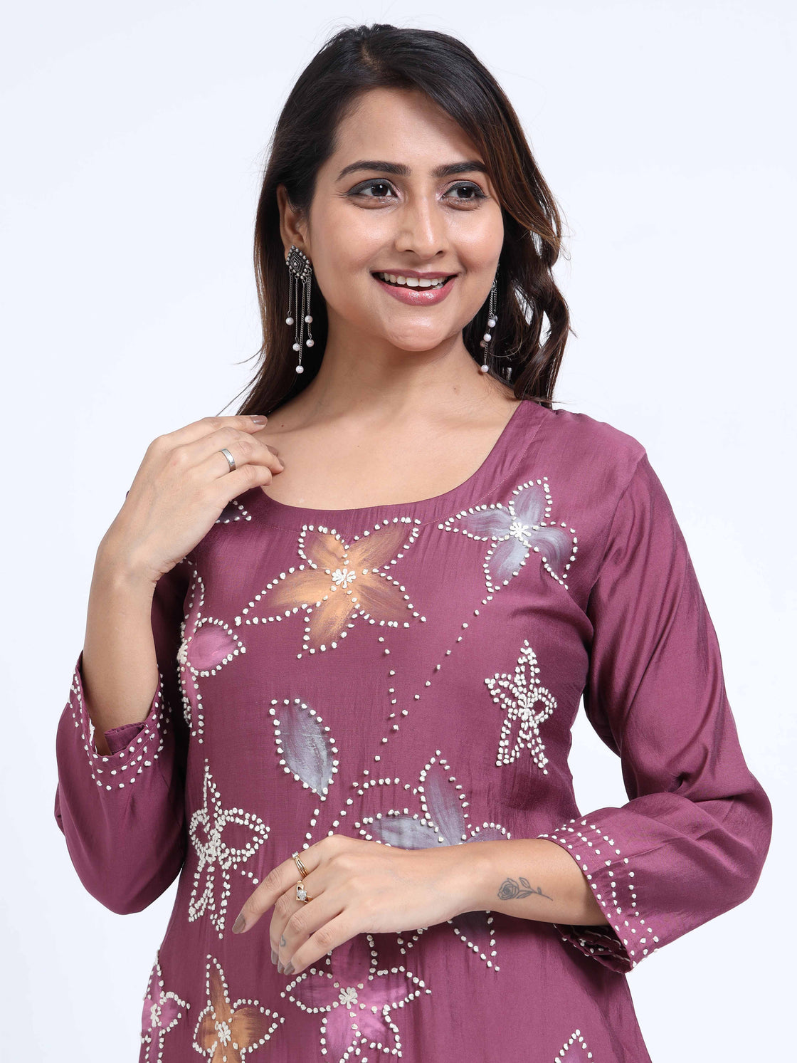 Round Neck Roman Silk Kurti with Handwork & Brush Paint