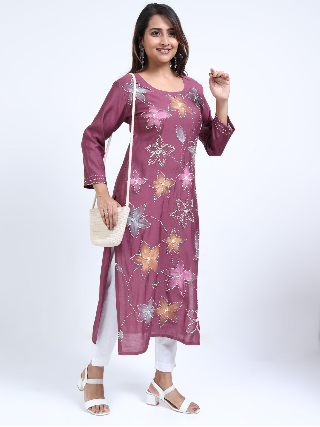 Round Neck Roman Silk Kurti with Handwork & Brush Paint