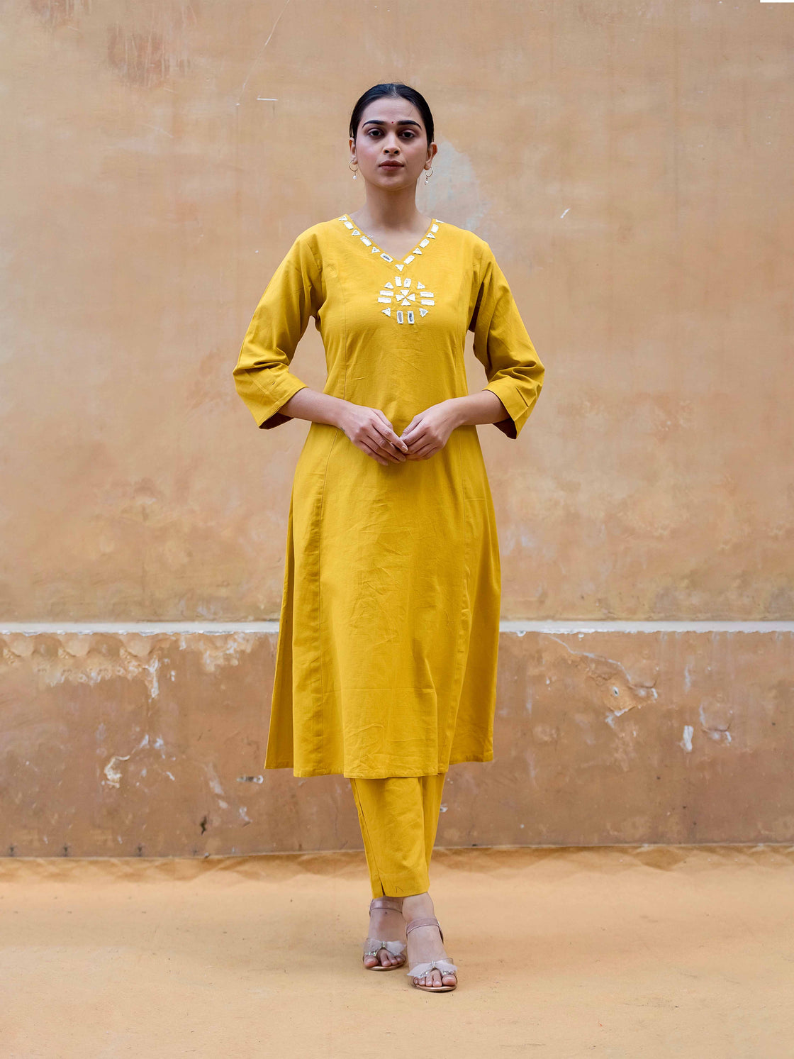 Mustard Yellow Flex Cotton Kurti Pant Set with Mirror Work