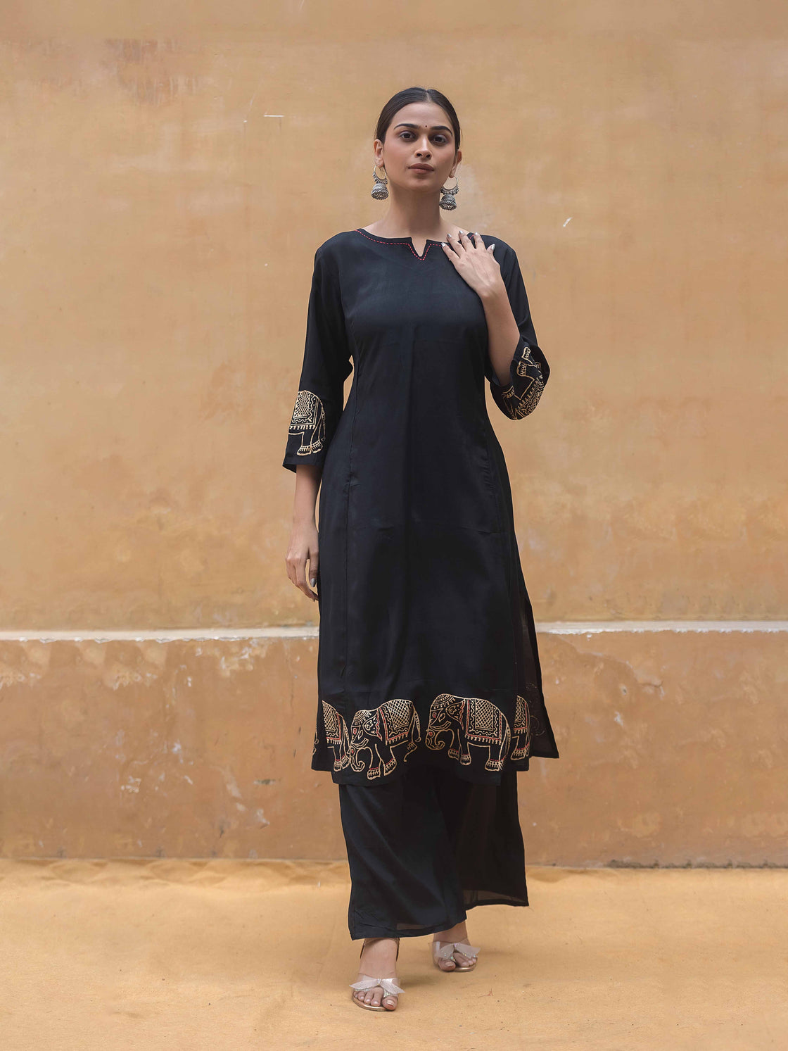 Black Muslin Kurti Pant Set with Block Print & Katha Work