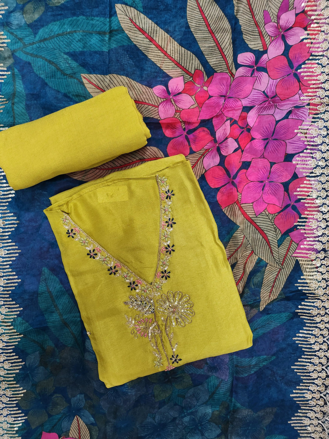 Dola Silk Top with Banarasi Digital Printed Dupatta & Satin Bottoms