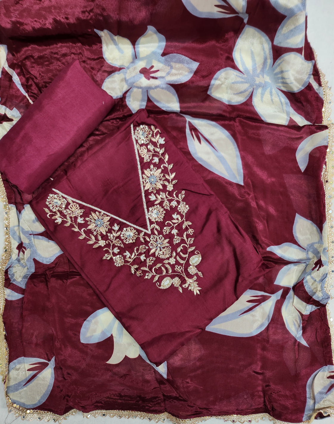 Upada Silk Zardozi Work Top with Chinon Dupatta & Satin Bottoms