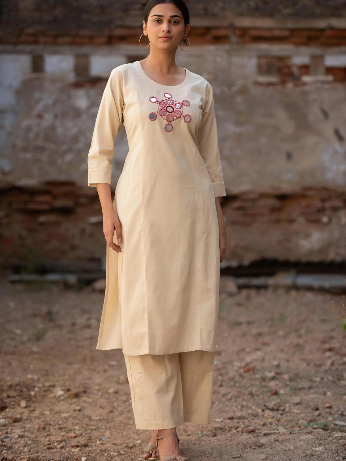 Elegant Beige Cotton Kurta with Exquisite Mirror Work