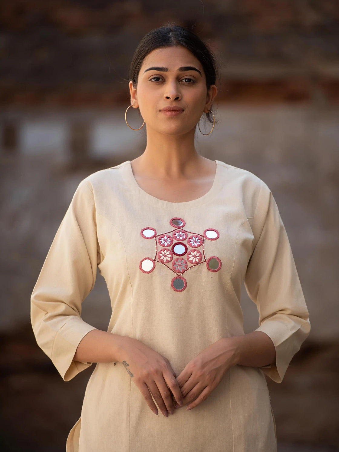 Elegant Beige Cotton Kurta with Exquisite Mirror Work