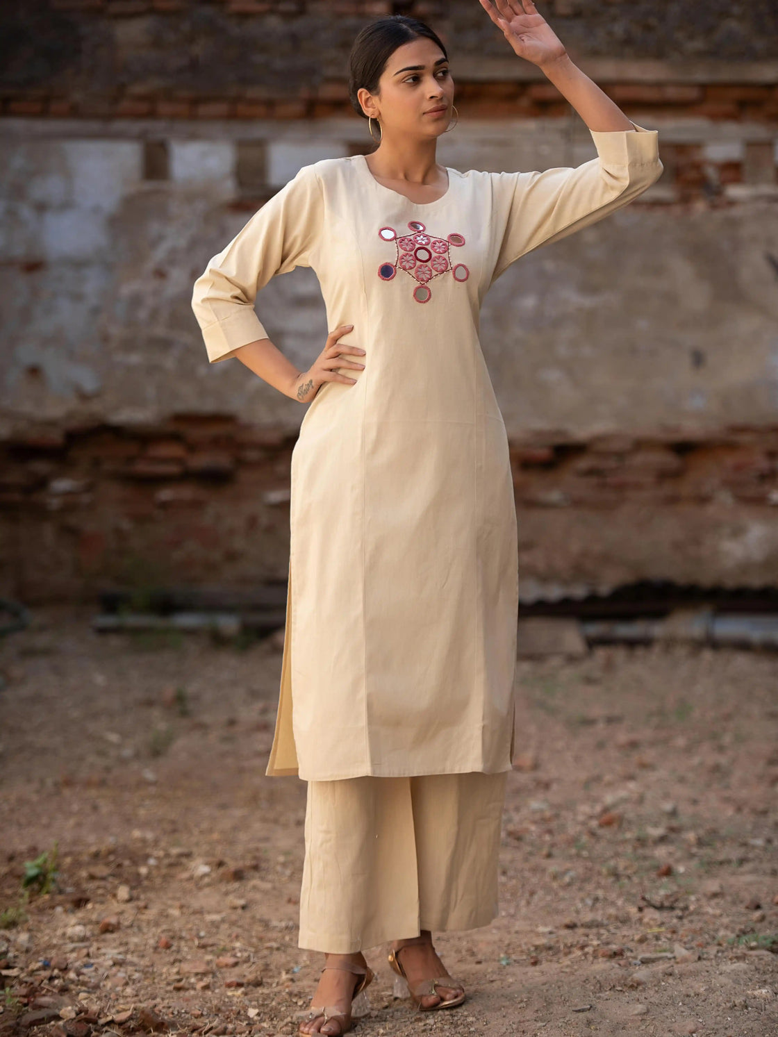 Elegant Beige Cotton Kurta with Exquisite Mirror Work