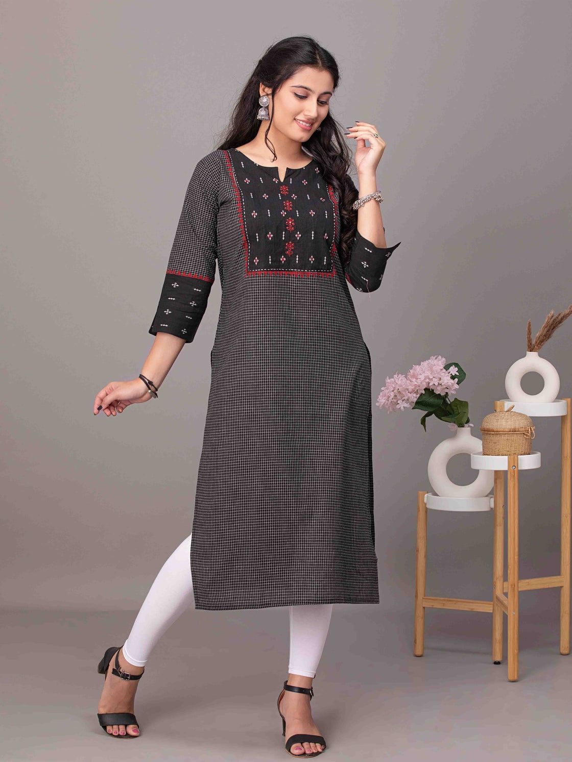 Traditional Cotton Kurti - Round Neck with Katha Work Design