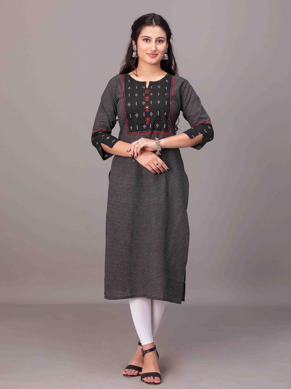 Traditional Cotton Kurti - Round Neck with Katha Work Design
