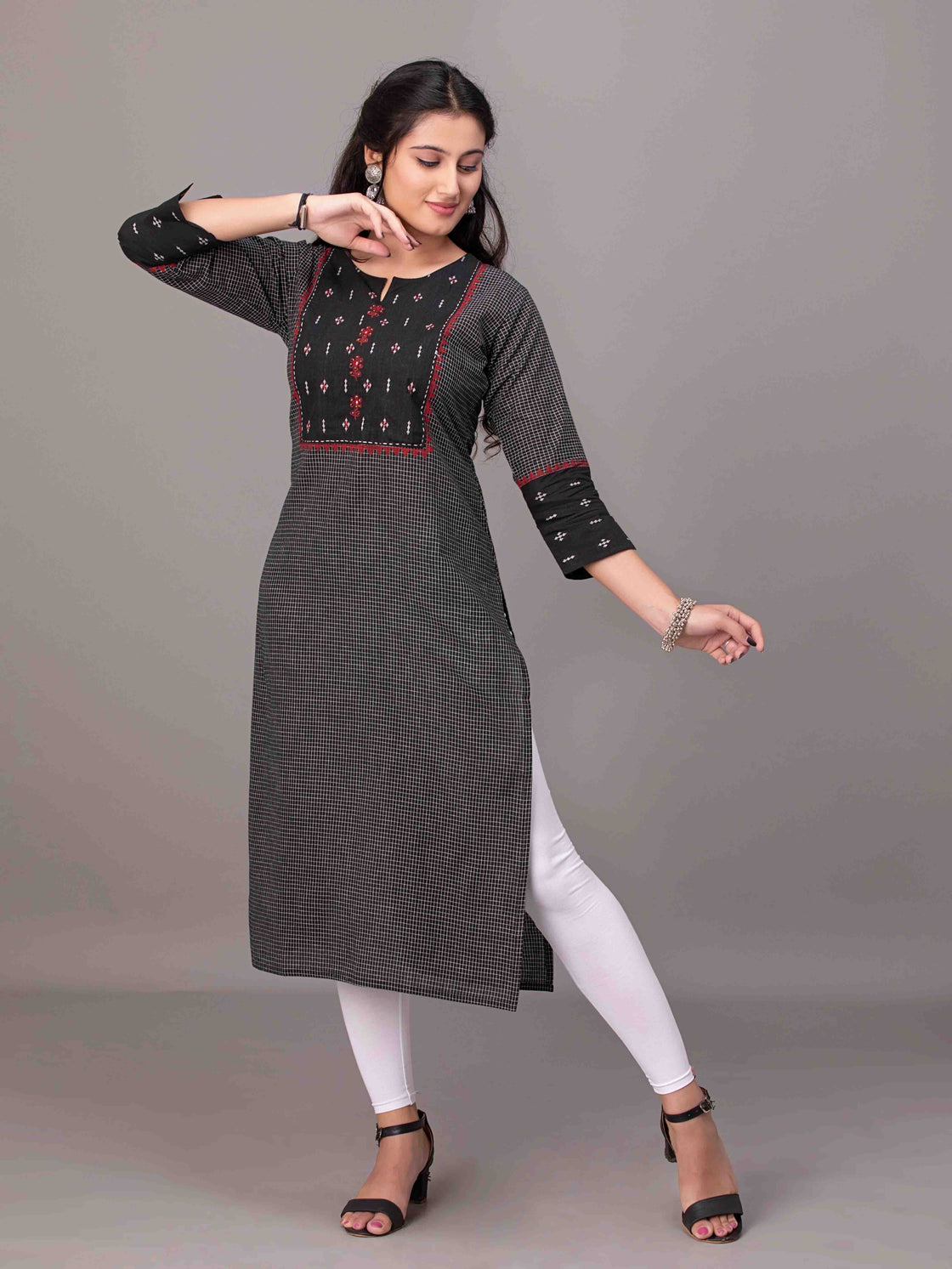 Traditional Cotton Kurti - Round Neck with Katha Work Design