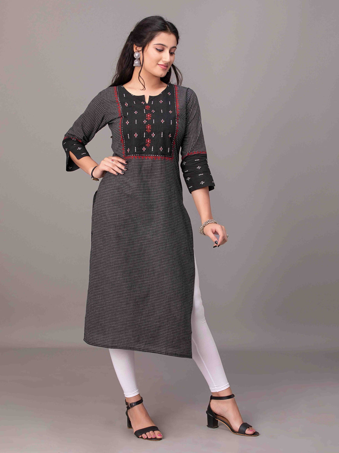 Traditional Cotton Kurti - Round Neck with Katha Work Design