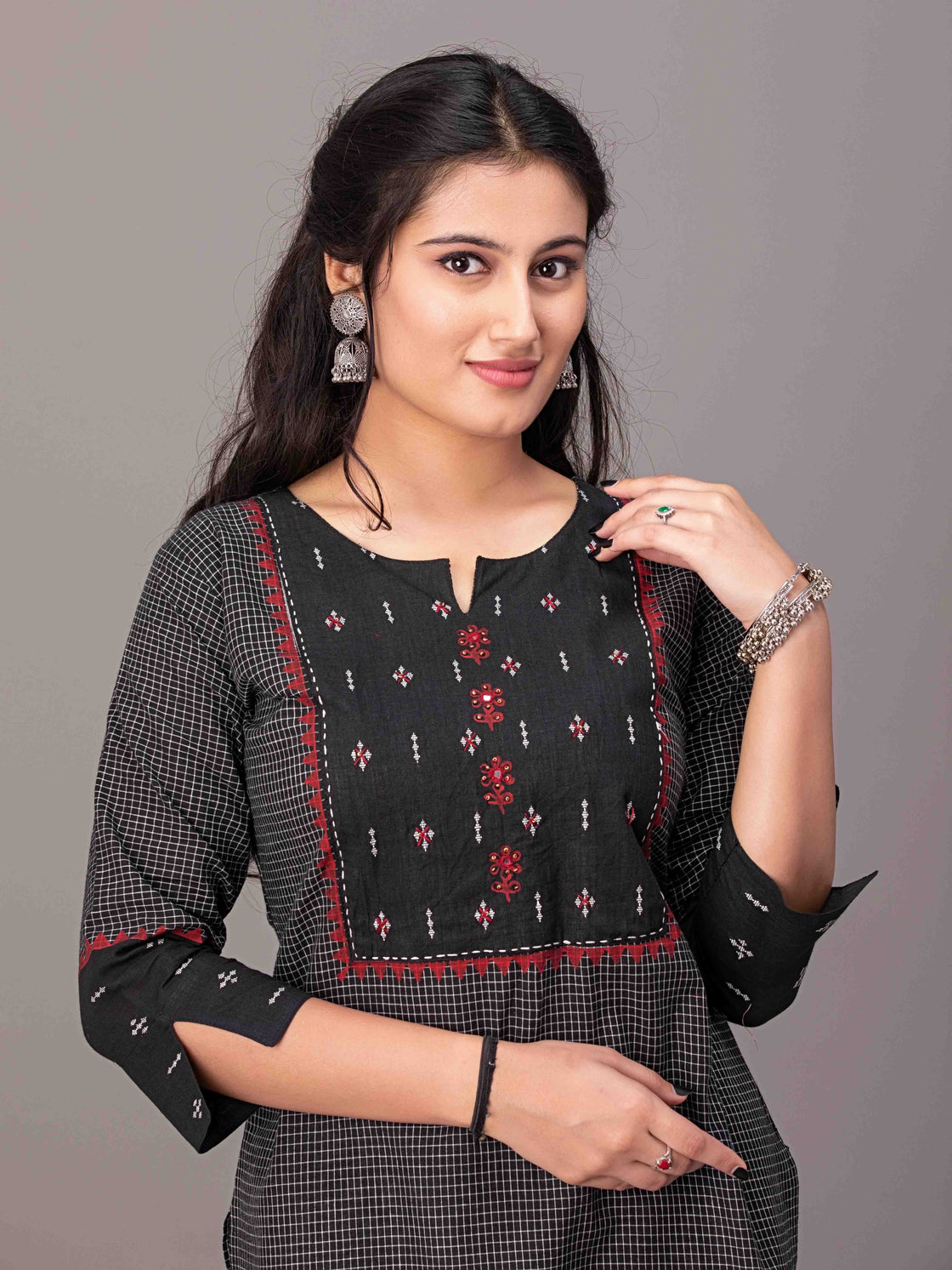 Traditional Cotton Kurti - Round Neck with Katha Work Design