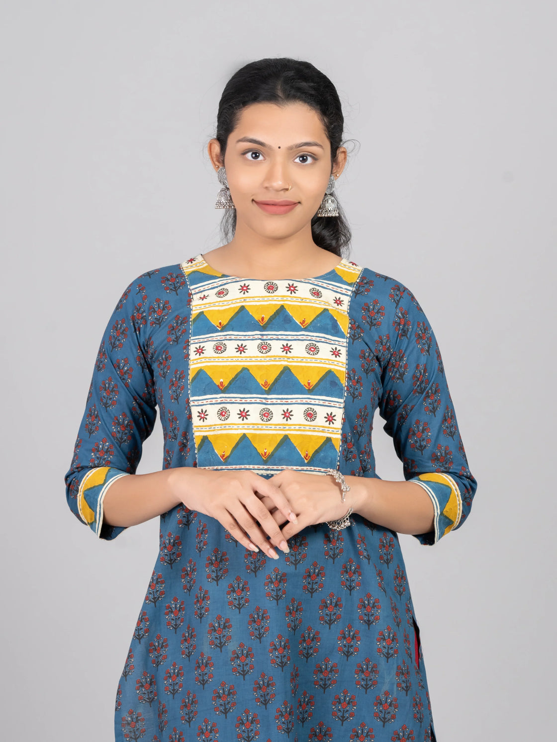 Round Neck Cotton Kurti with Patch Work Katha Embroidery