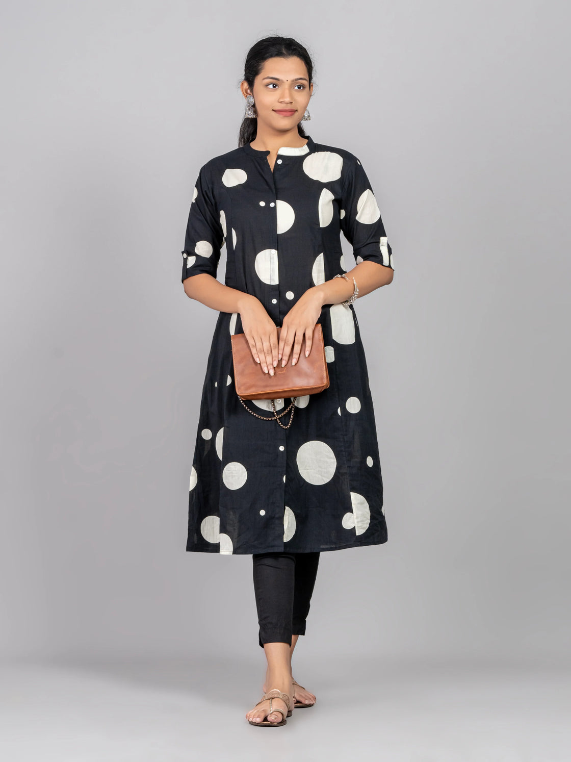 Cotton A-Line Kurti with Chinese Collar, Side Pocket, and Polka Dot Design