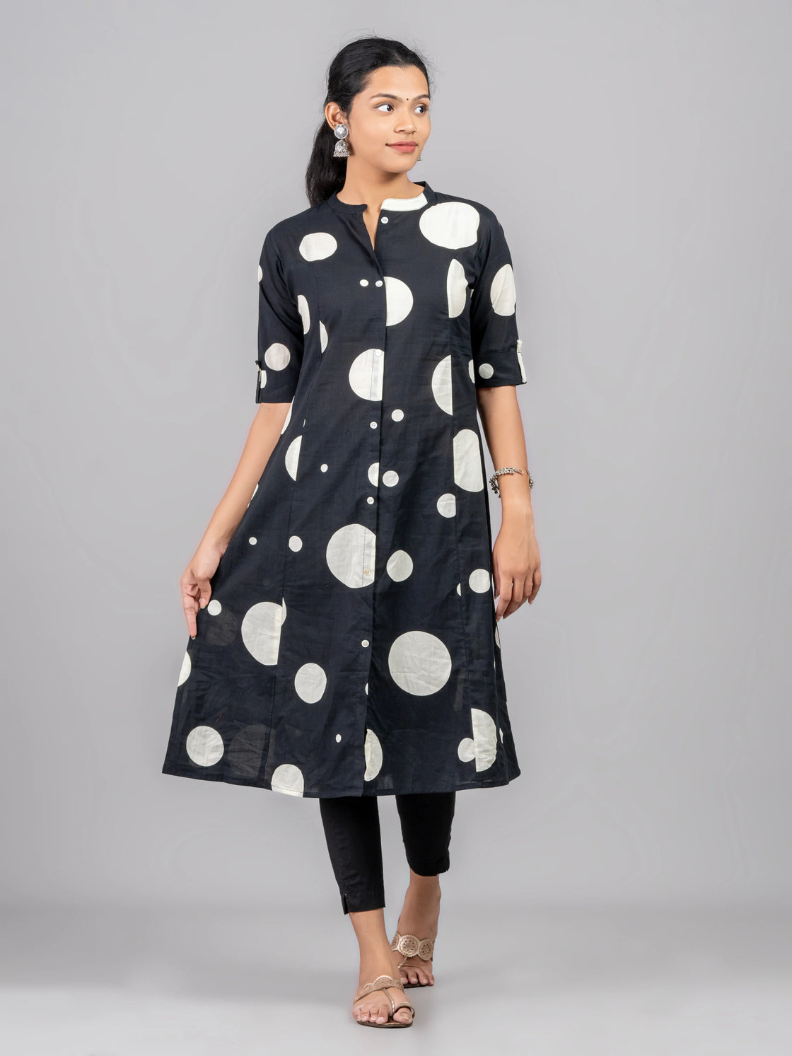 Cotton A-Line Kurti with Chinese Collar, Side Pocket, and Polka Dot Design