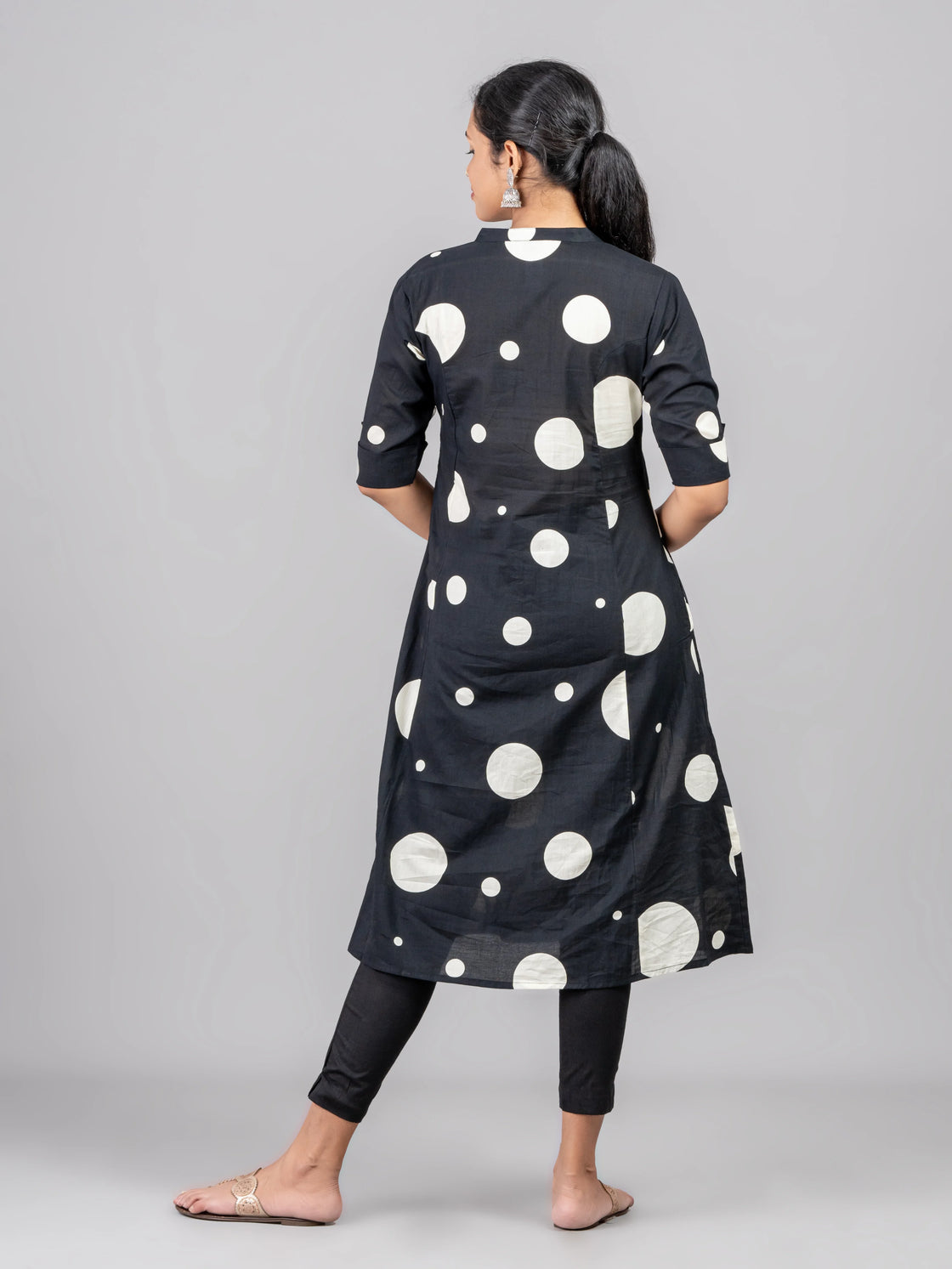 Cotton A-Line Kurti with Chinese Collar, Side Pocket, and Polka Dot Design