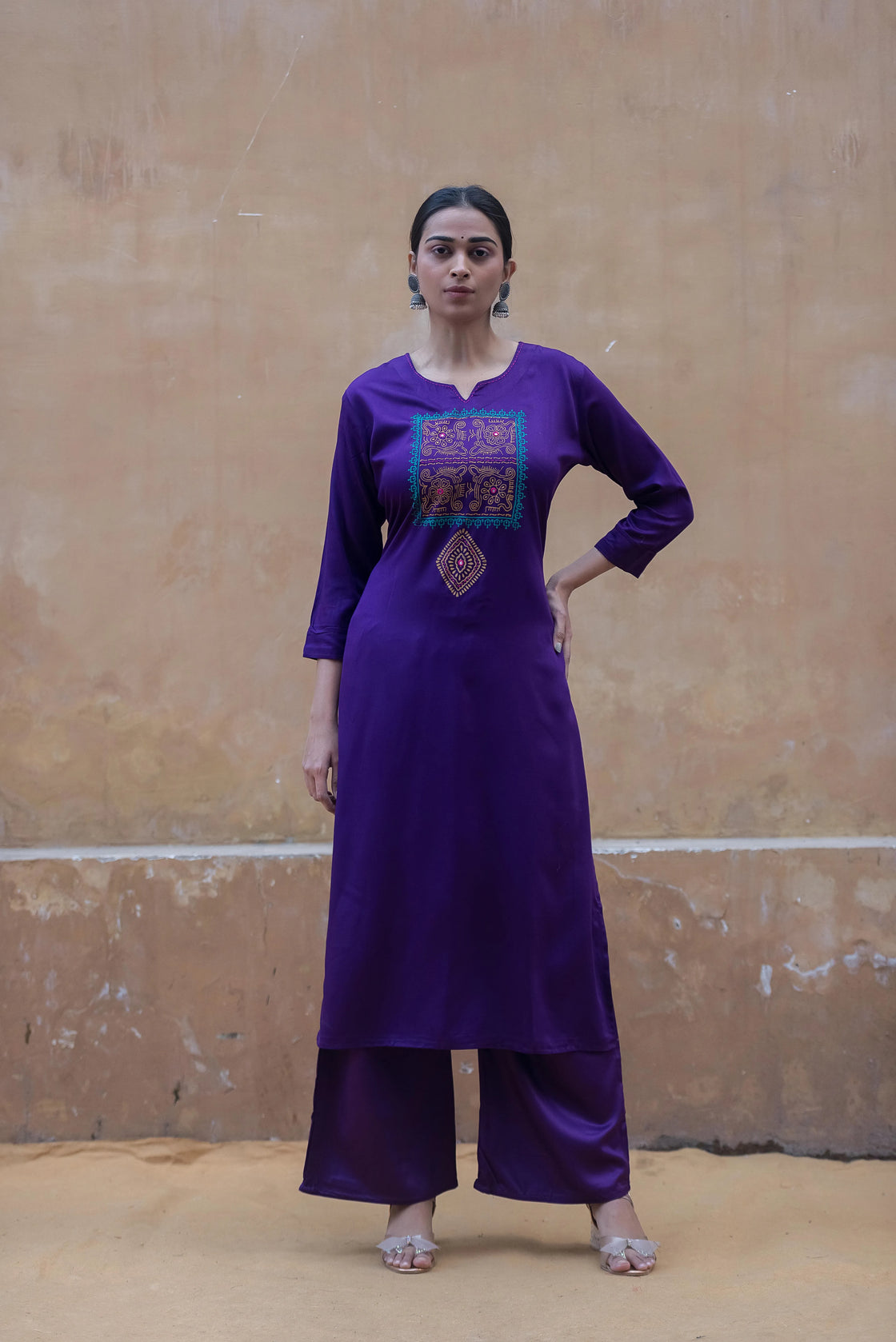 Elegant Purple Rayon Kurti Set with Katha Work & Palazzo