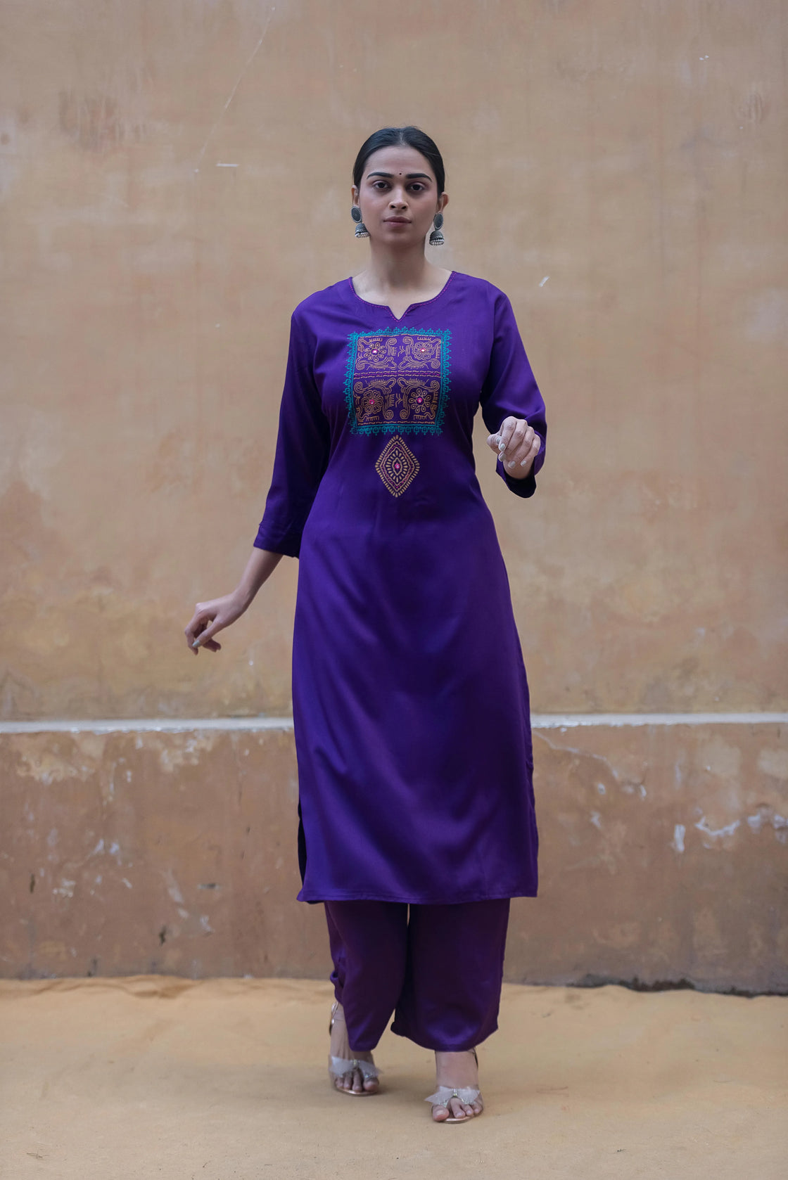 Elegant Purple Rayon Kurti Set with Katha Work & Palazzo