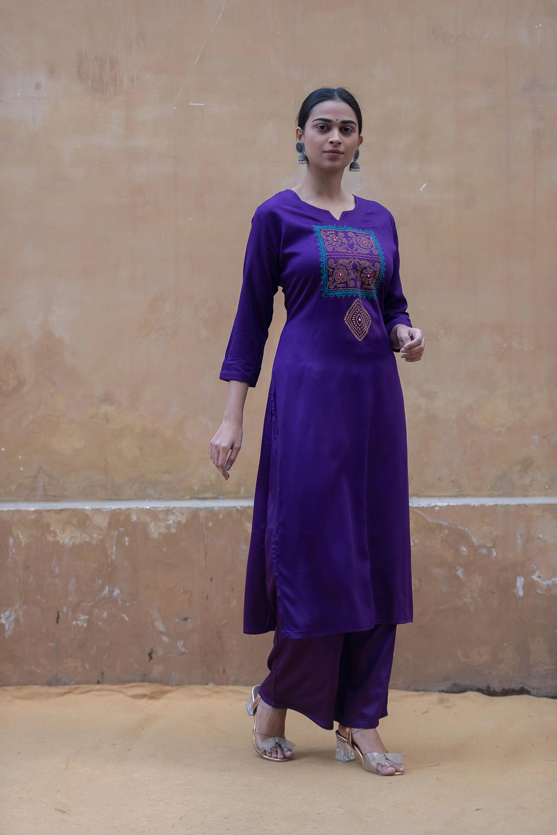 Elegant Purple Rayon Kurti Set with Katha Work & Palazzo