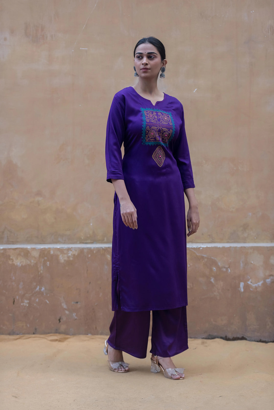 Elegant Purple Rayon Kurti Set with Katha Work & Palazzo