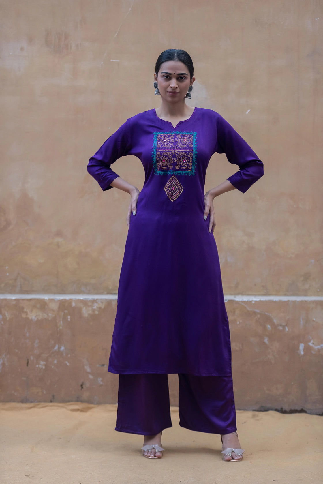 Elegant Purple Rayon Kurti Set with Katha Work & Palazzo