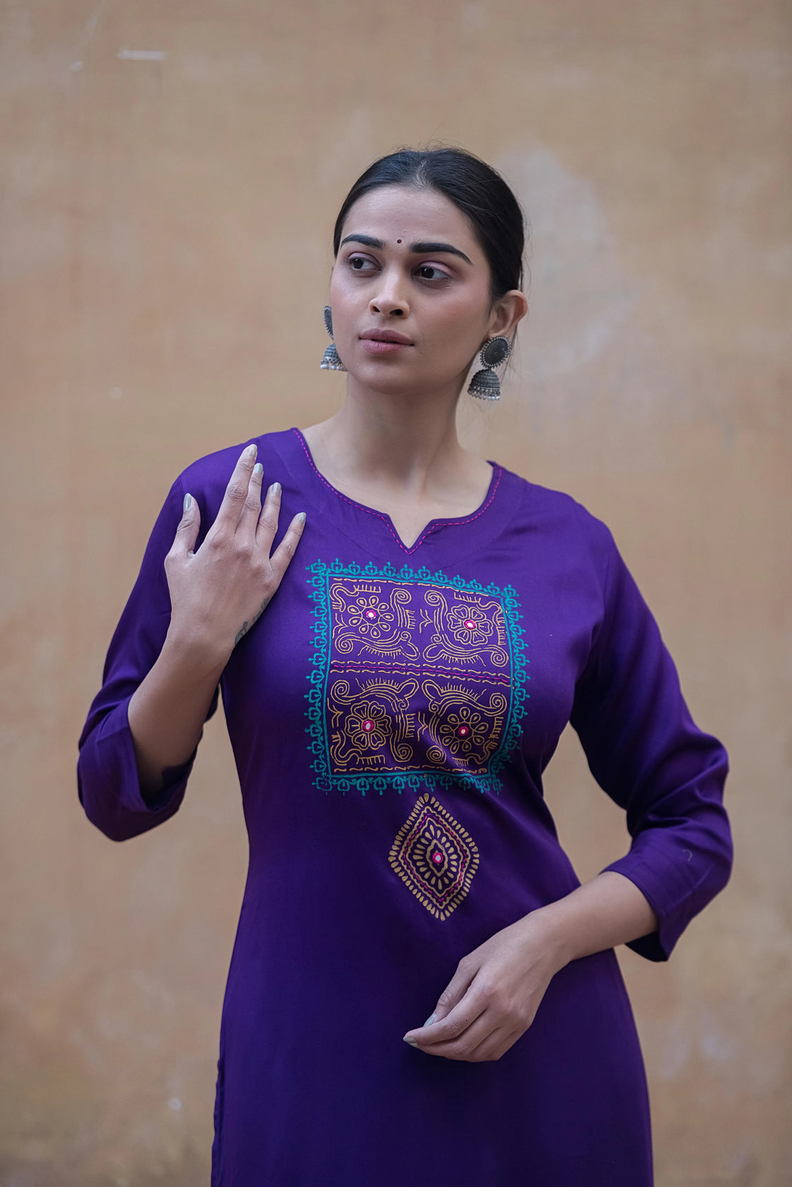 Elegant Purple Rayon Kurti Set with Katha Work & Palazzo