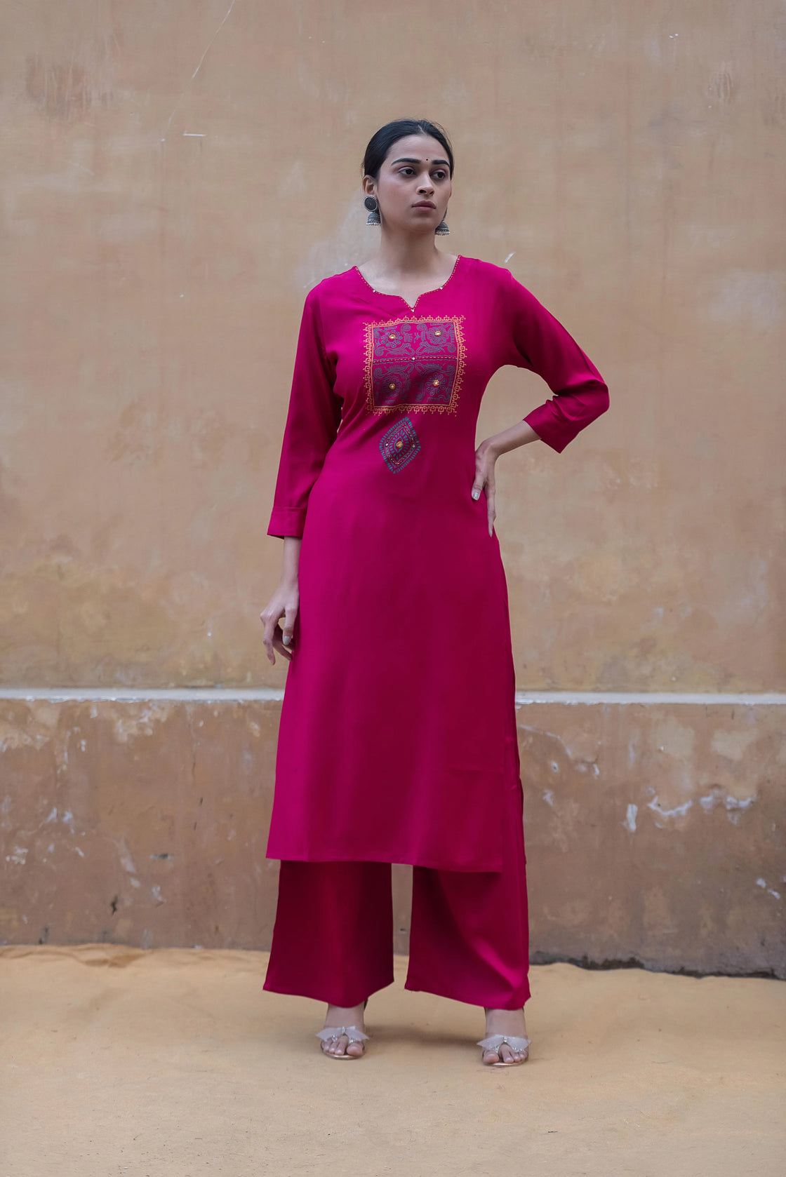 Hot Pink Rayon Kurti Pant Set with Katha Work & Block Print