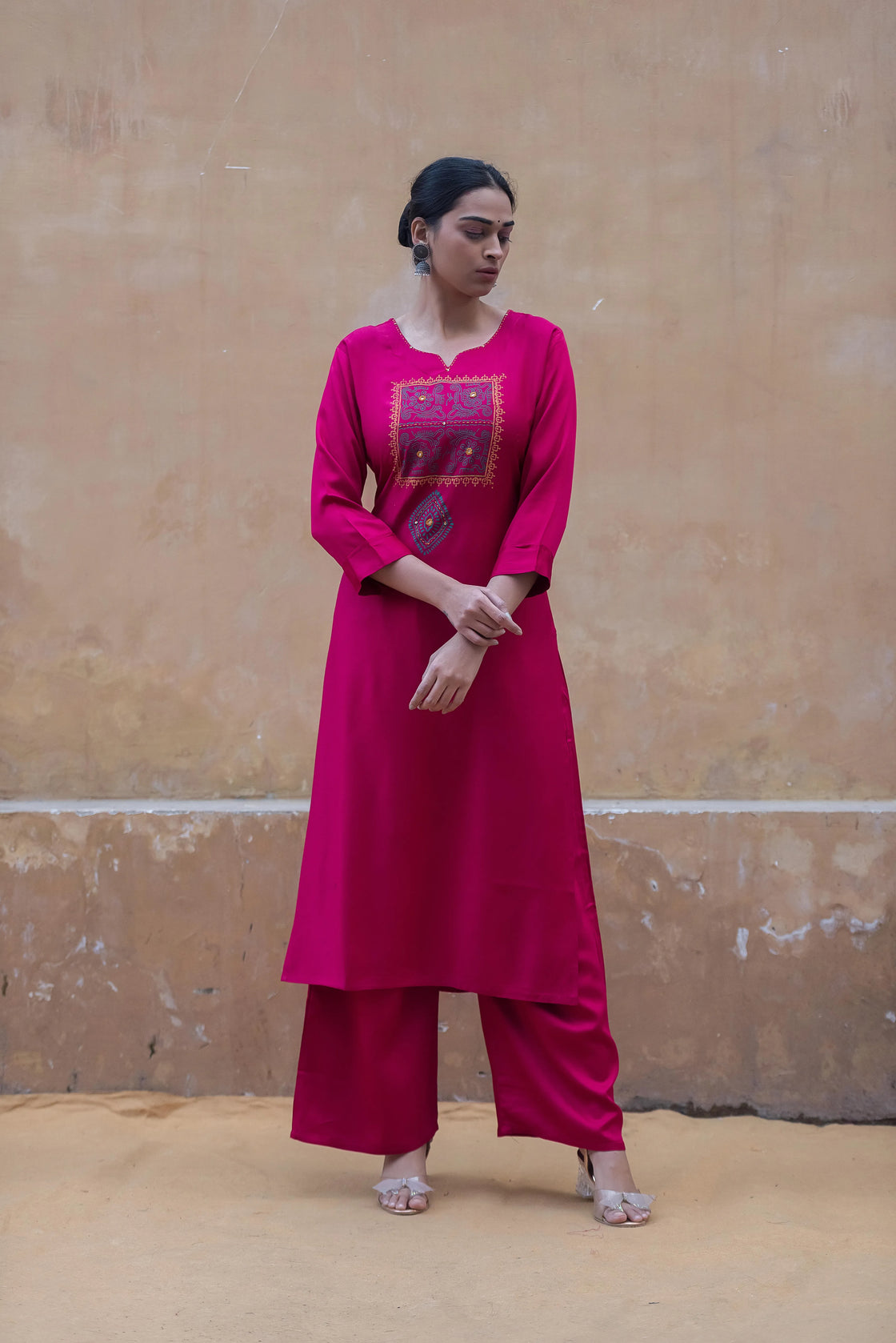 Hot Pink Rayon Kurti Pant Set with Katha Work & Block Print