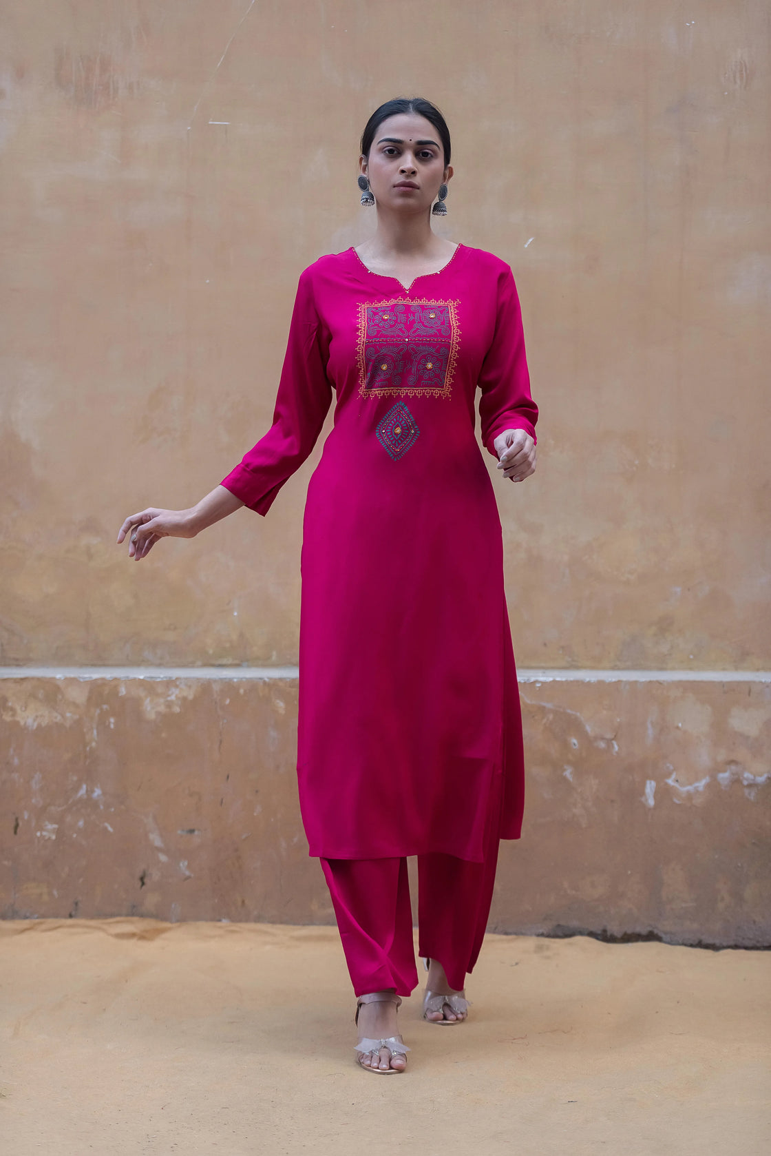 Hot Pink Rayon Kurti Pant Set with Katha Work & Block Print