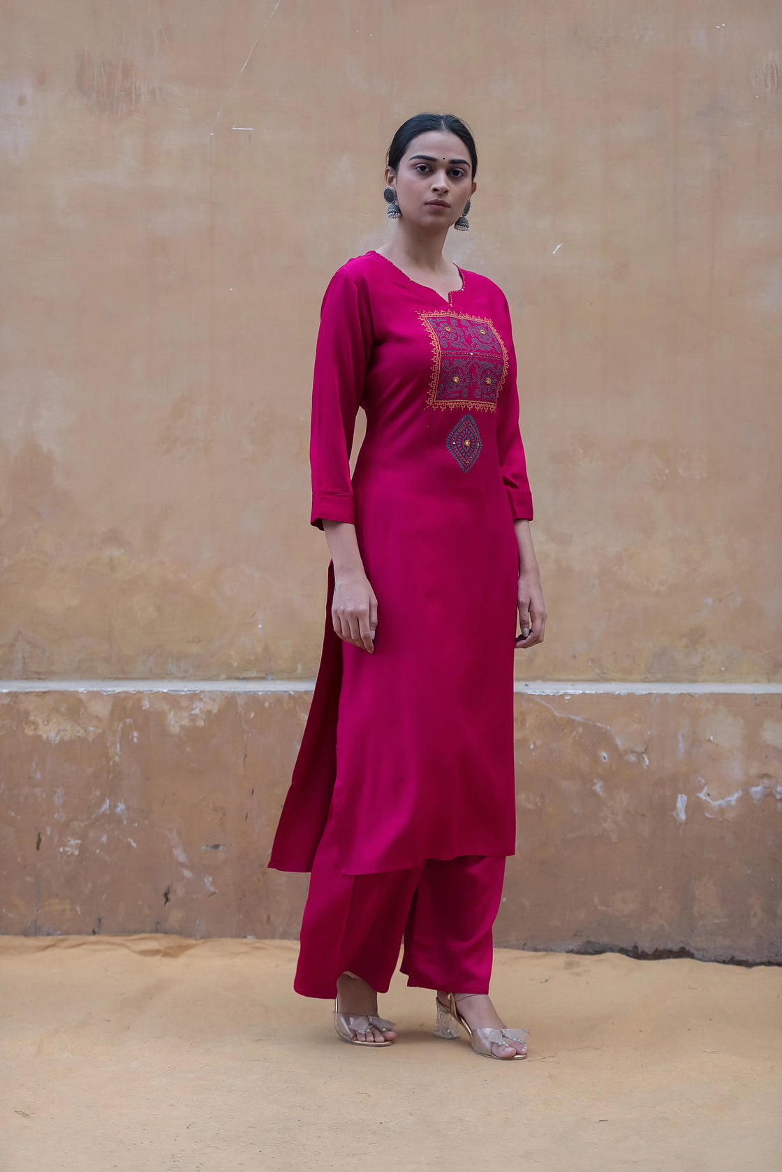 Hot Pink Rayon Kurti Pant Set with Katha Work & Block Print