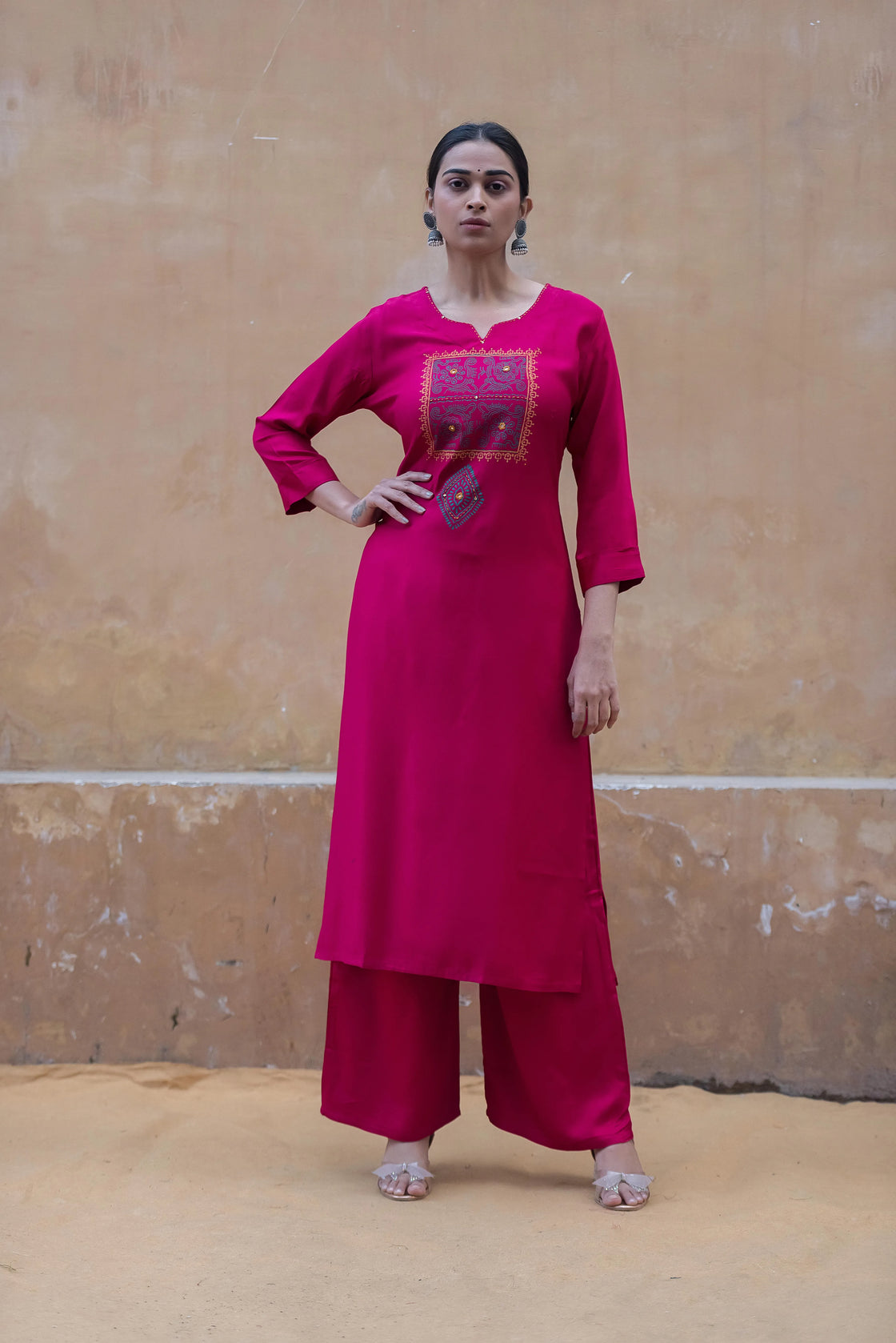 Hot Pink Rayon Kurti Pant Set with Katha Work & Block Print