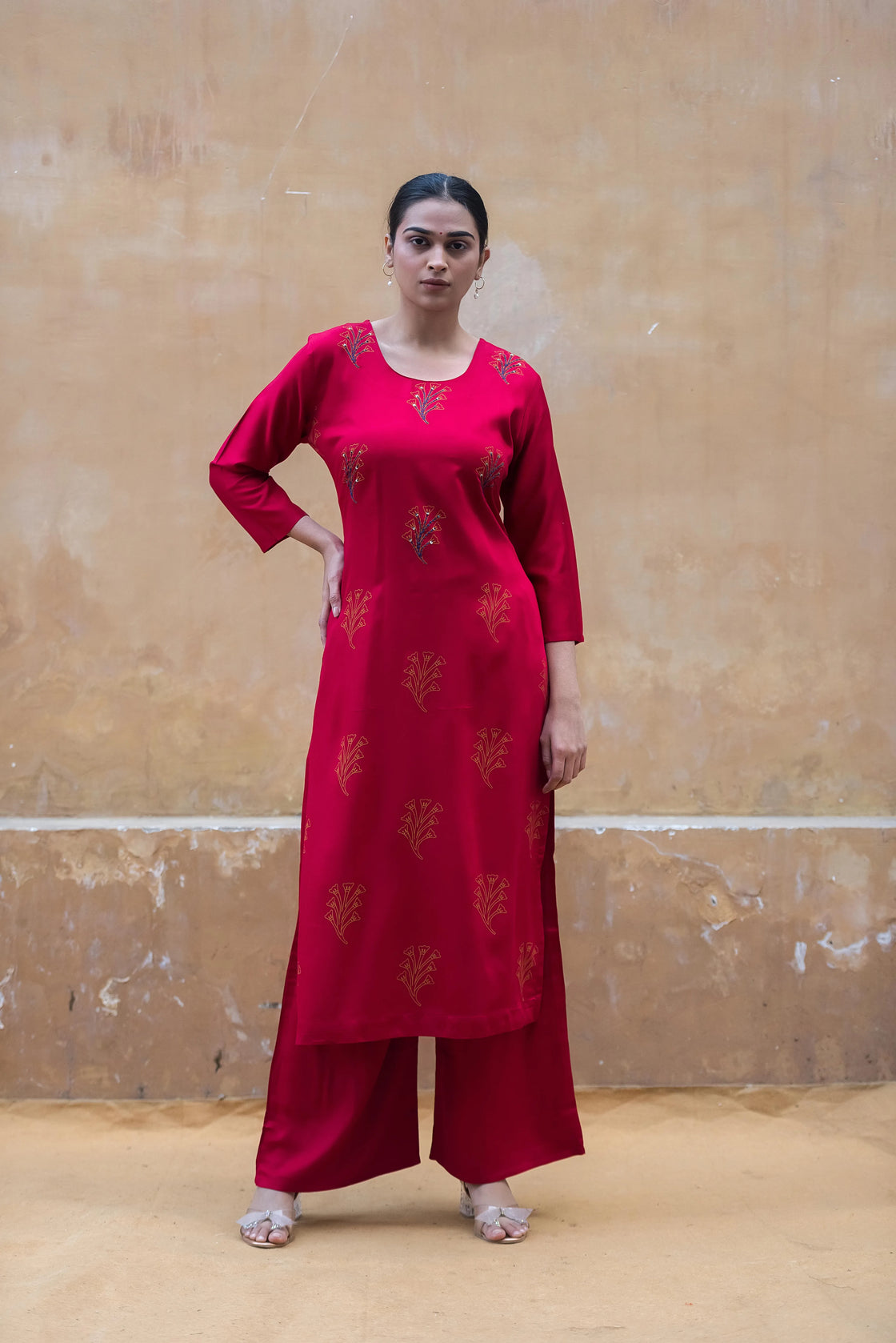 Cherry Red Rayon Kurti Pant Set with Katha Work & Block Print