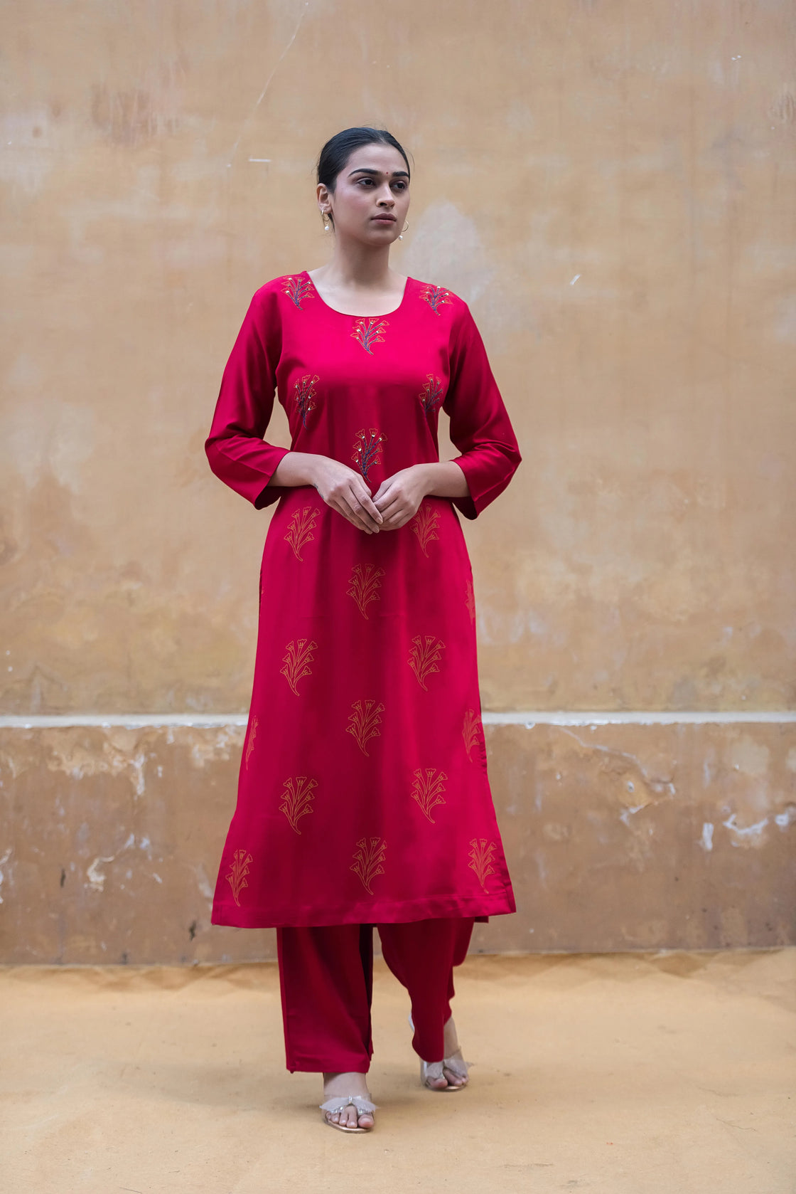 Cherry Red Rayon Kurti Pant Set with Katha Work & Block Print