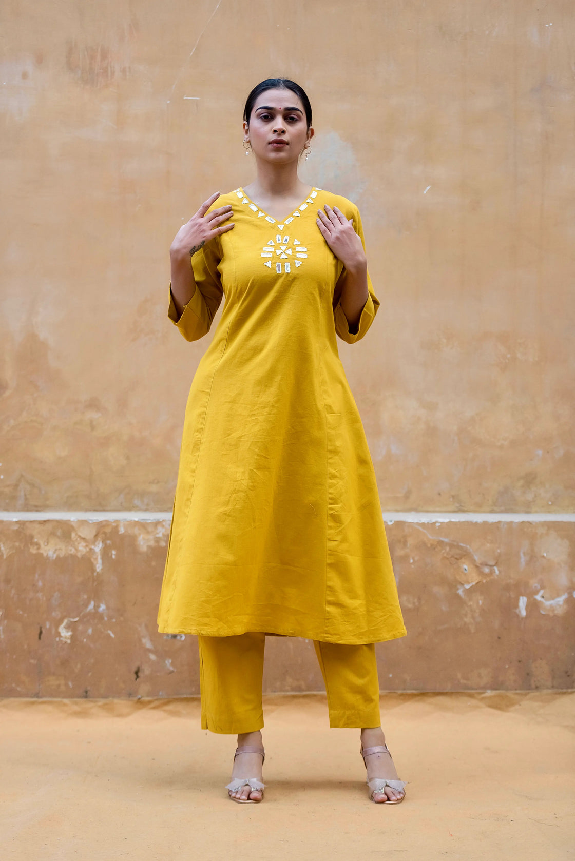 Mustard Yellow Flex Cotton Kurti Pant Set with Mirror Work