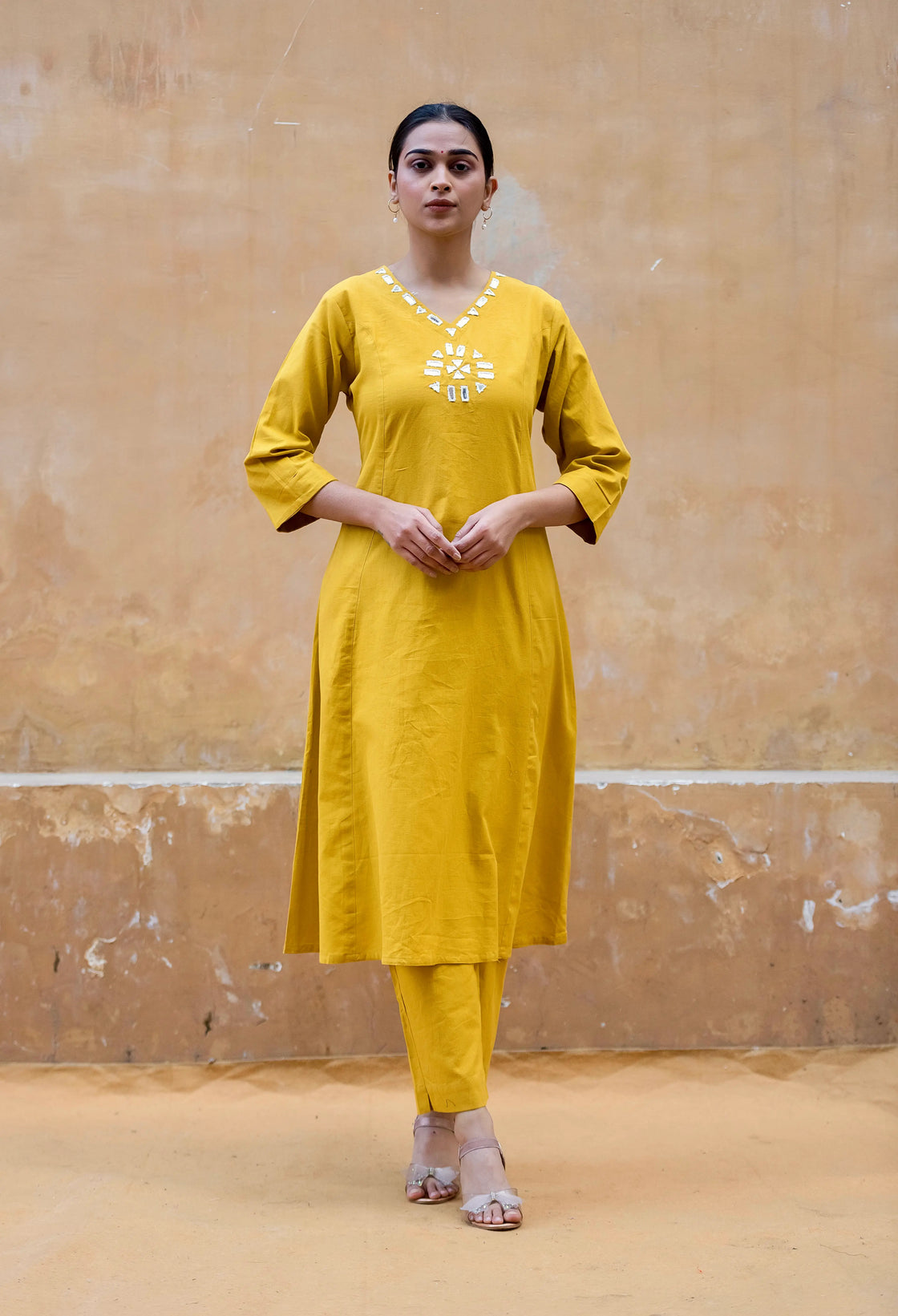 Mustard Yellow Flex Cotton Kurti Pant Set with Mirror Work