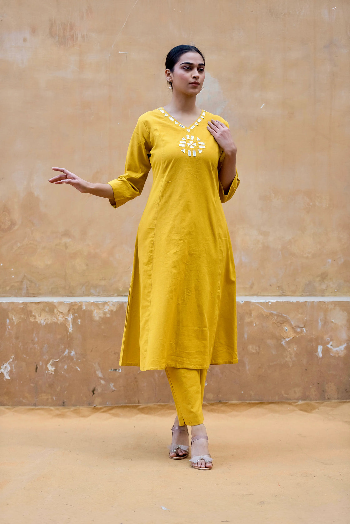 Mustard Yellow Flex Cotton Kurti Pant Set with Mirror Work